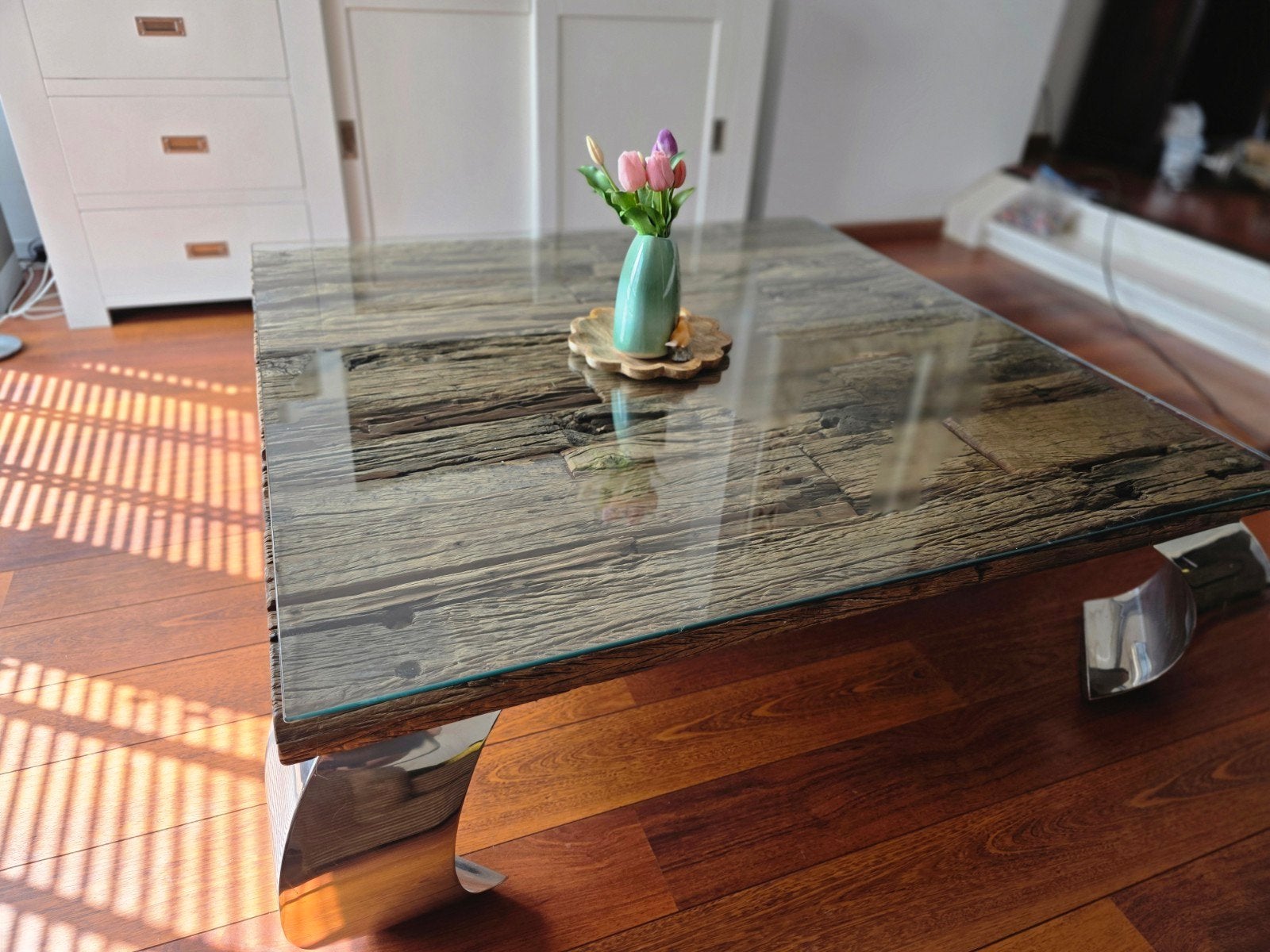Stijlvolle Rofra salontafel met glazen blad, Ophalen, Glas, Modern, Industrieel, Vierkant