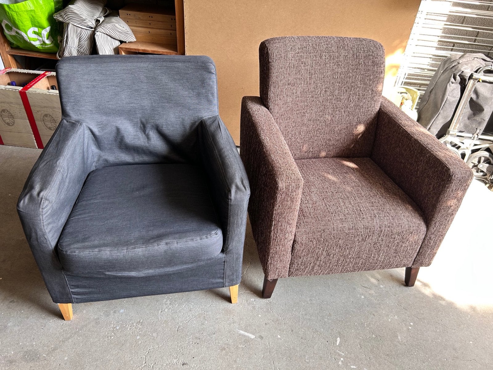 Twee comfortabele Ikea stoelen - grijs en bruin, Ophalen, Gebruikt, 75 tot 100 cm, Stof
