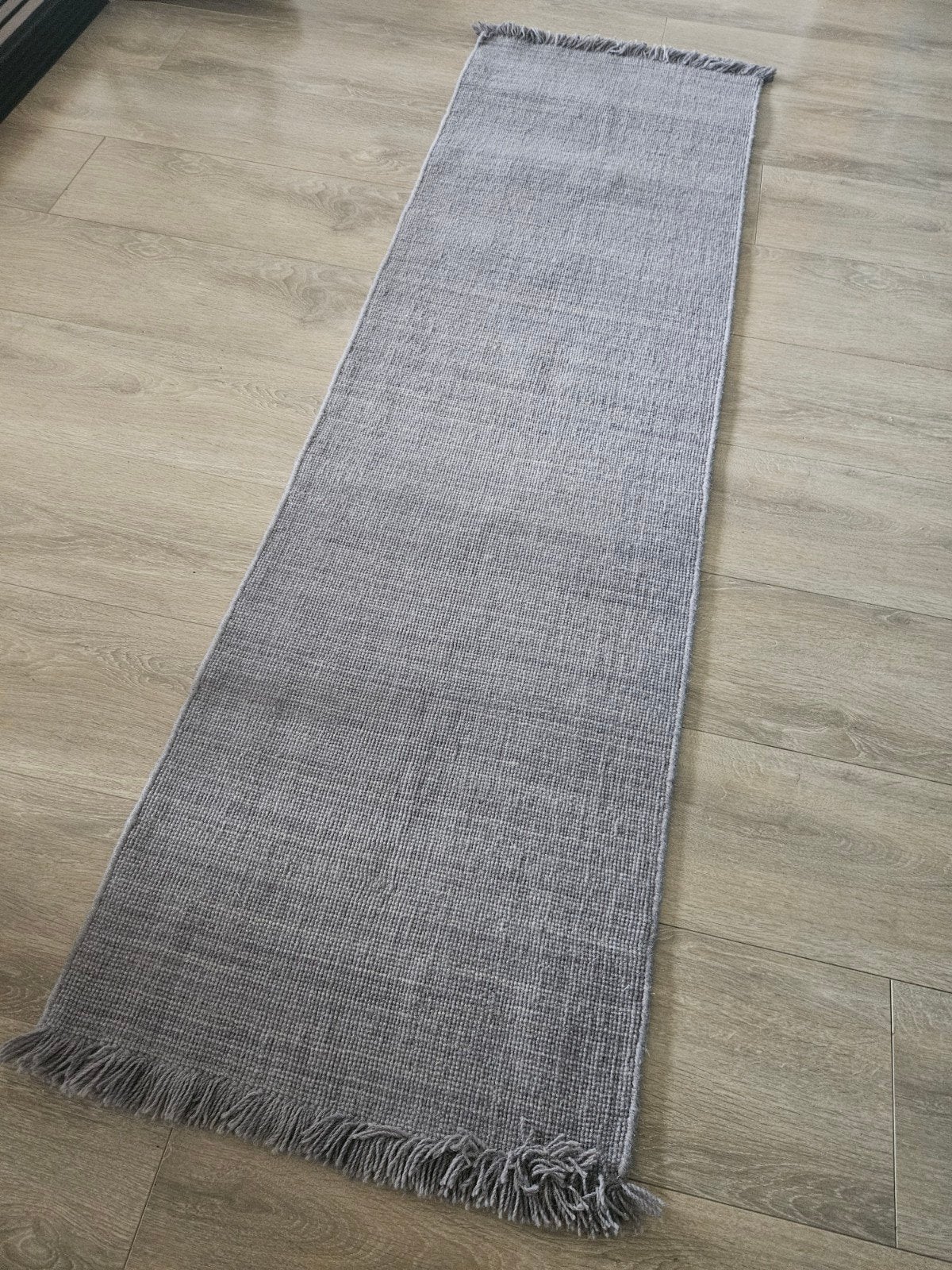 Wollen vloerkleed loper grijs-blauw 200x60, Grijs, 200 cm of meer, Zo goed als nieuw, Rechthoekig
