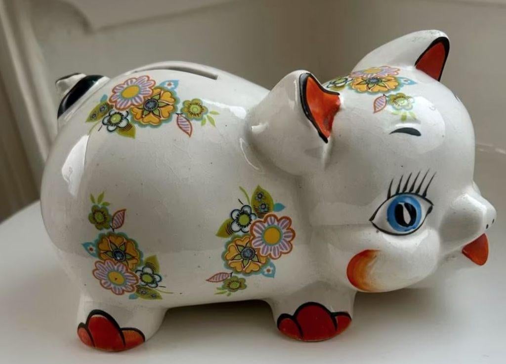 Vintage stijl, spaarvarken, prachtig beschilderd, Verzamelen, Spaarpotten, Ophalen of Verzenden, Zo goed als nieuw, Steen, Aardewerk of Keramiek
