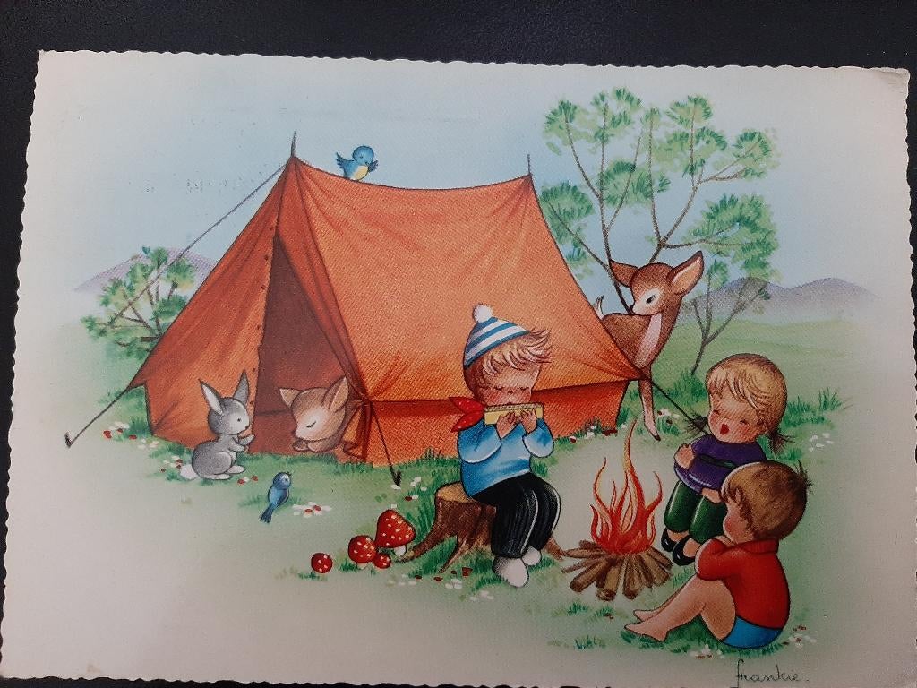 Frankie, Kinderen bij kampvuur, tent en beesten, jaren '60, Verzamelen, Verzenden, 1960 tot 1980, Gelopen, Kinderen