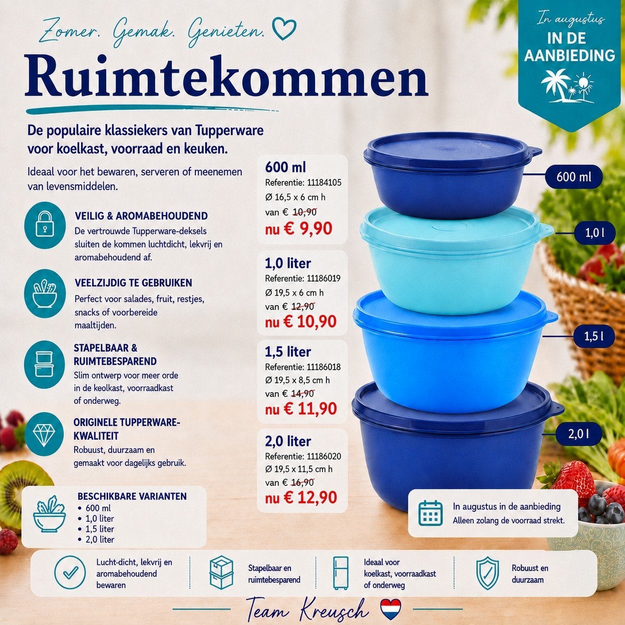TUPPERWARE Ruimtekommen Set (4) 600 ml-1 lt-1,5 lt-2,0 lt, Ophalen of Verzenden, Nieuw, Bak of Kom