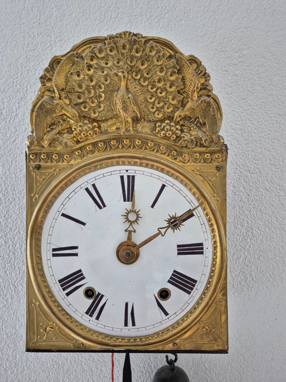 Antieke Franse Boulle Wandklok met Pauwenmotief, Antiek en Kunst, Antiek | Klokken, Ophalen of Verzenden