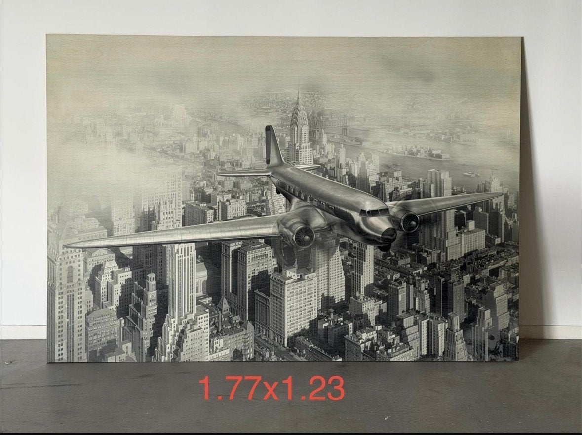 Groot Canvas Schilderij Vliegtuig boven New York, Huis en Inrichting, Ophalen of Verzenden, Gebruikt, 125 cm of meer, Schilderij