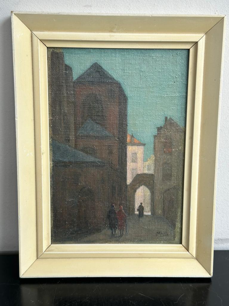 Oud klein impressionisme schilderij met Stadspoort, Antiek en Kunst, Kunst | Schilderijen | Klassiek, Ophalen of Verzenden