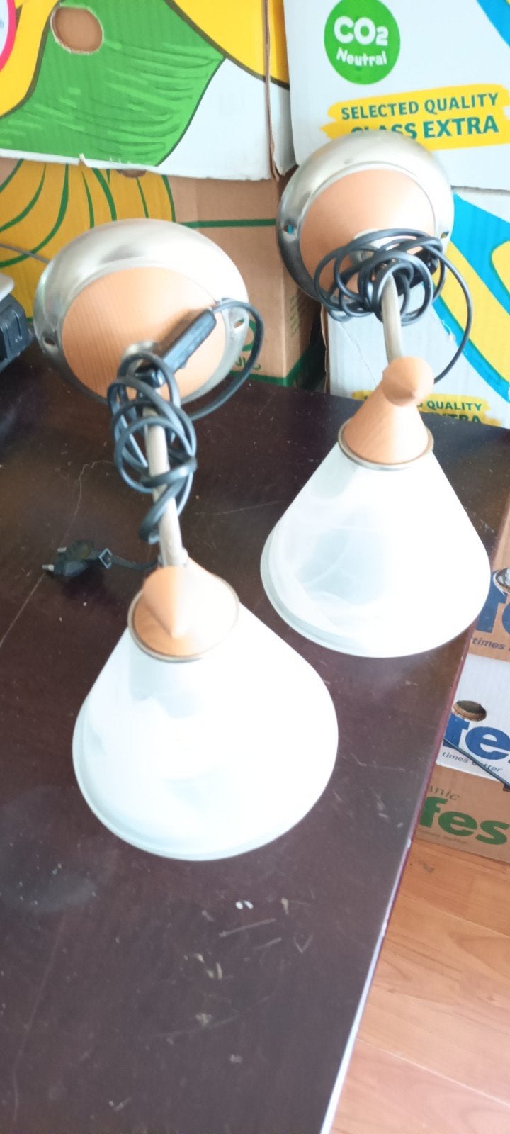 Set van 2 wandlampen met houten en glazen details, Met schakelaar, Gebruikt, Meerkleurig, E14 (klein)