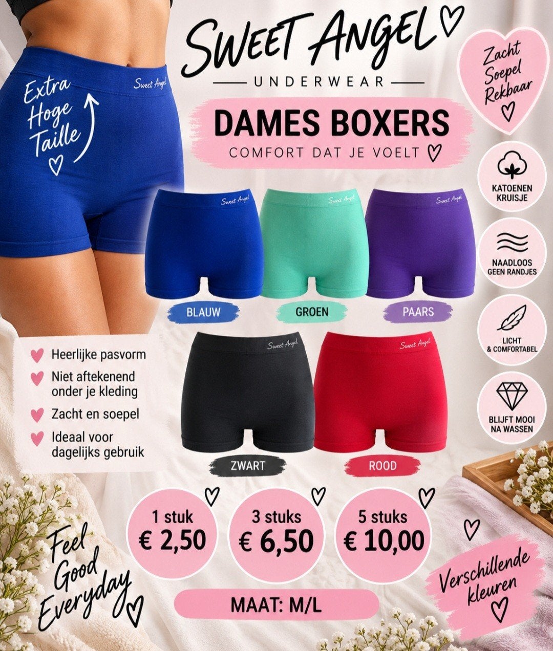 Naadloze Nieuwe Boxershorts - Extra Hoge Taille - M/L, Sweet Angel, Ophalen of Verzenden, Meerkleurig, Broekje of Short