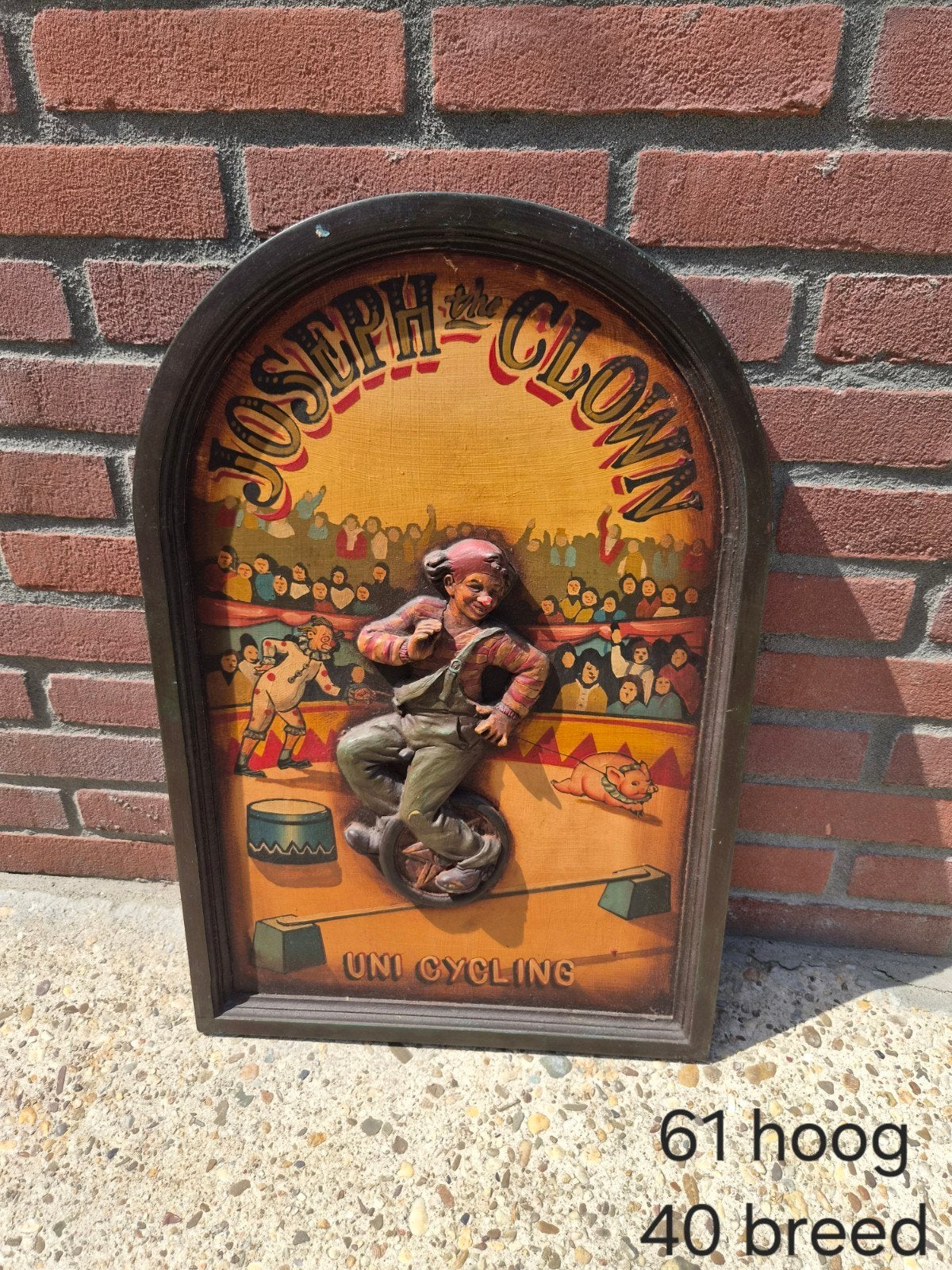 Wandbord "Joseph the Clown" - Unicycling - 61 cm, Antiek en Kunst, Antiek | Wandborden en Tegels, Ophalen of Verzenden