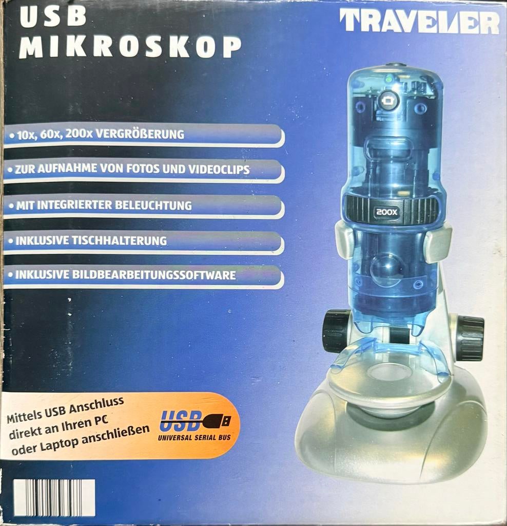 Traveler USB Microscoop 200x met Verlichting en Software, Audio, Tv en Foto, Optische apparatuur | Microscopen, Gebruikt, Biologische microscoop