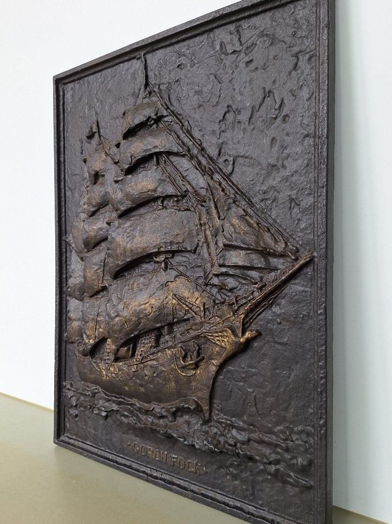 gietijzeren wandplaquette haardplaat schip oude driemaster, Ophalen, Zo goed als nieuw, Inbouwhaard, Houthaard