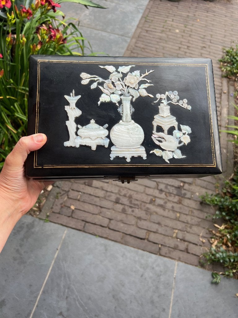 Chinese vintage sieradenkist kist parelmoer bewerkt Chinees, Hout, Handgemaakt, Doos, China