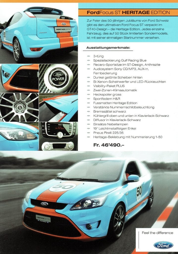 Folder Ford Focus ST Heritage Edition (Zwitsers - ca.2007), Verzenden, Gelezen, Ford