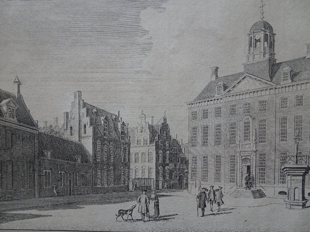 gravure Stadhuis Hof en Weeshuis Leeuwarden D. de Jong 1786, Antiek en Kunst, Verzenden, Stadsgezicht, Gravure, Origineel