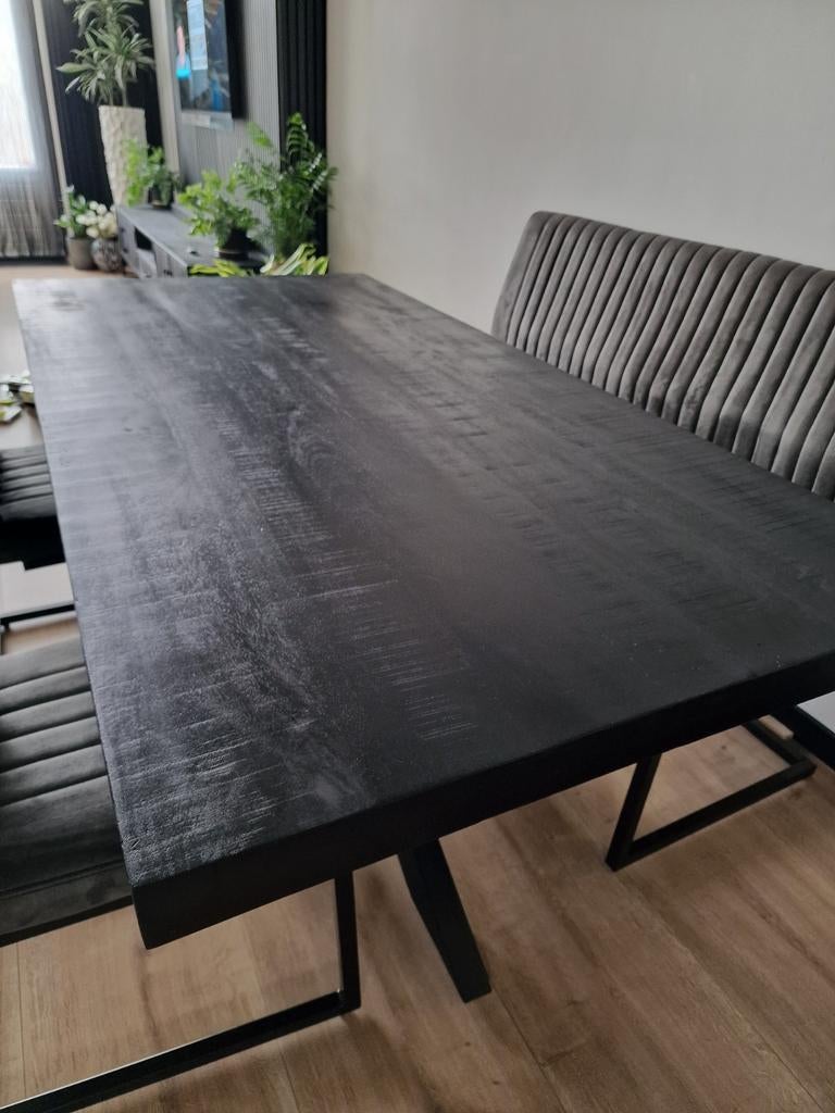 Zwarte Mangohouten eettafel 180x90 met spinpoot, Gebruikt, 50 tot 100 cm, 150 tot 200 cm, Vier personen