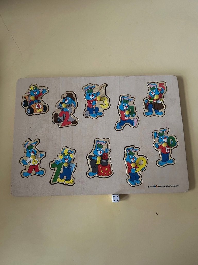 Houten Bobo Cijferpuzzel 1 t/m 10 Vintage Kleuterblad 1999, Gebruikt, Ophalen of Verzenden, Van hout, Minder dan 10 stukjes