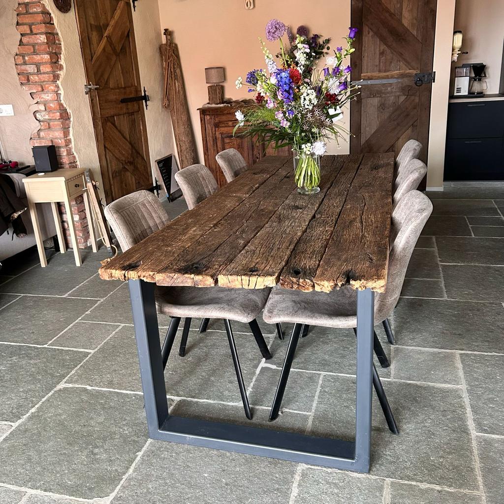 8 persoons robuuste spoorbielzen eettafel 230x92, Ophalen, Overige materialen, Gebruikt, 200 cm of meer