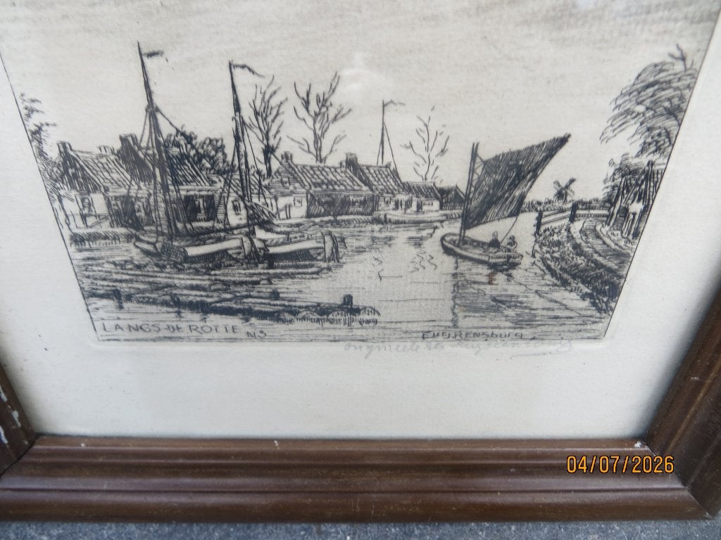 Byz.Oude ets Bergse LR.Kade,R.dam Eug Rensburg :Langs Rotte, Antiek en Kunst, Kunst | Etsen en Gravures, Ophalen, Dagelijks leven