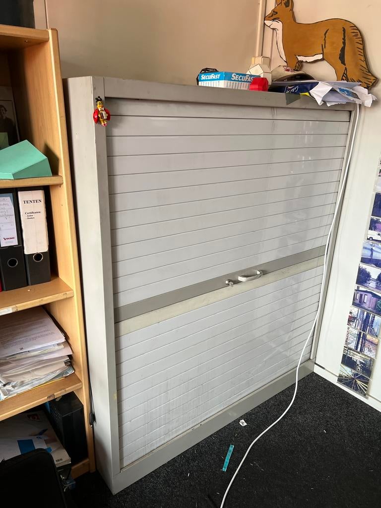 Vintage kantoorkast metaal Gispen roldeur grijs, Ophalen, Gebruikt, 100 tot 150 cm, 100 tot 150 cm