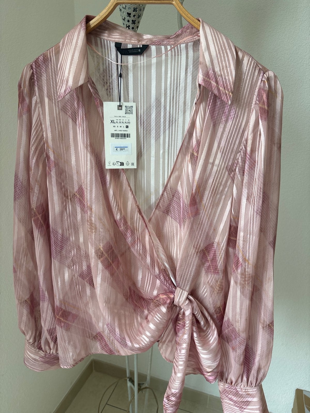 Zara Roze Overslag Blouse met Strepen en Ruitpatroon, Ophalen of Verzenden, Nieuw, Maat 42/44 (L), Roze