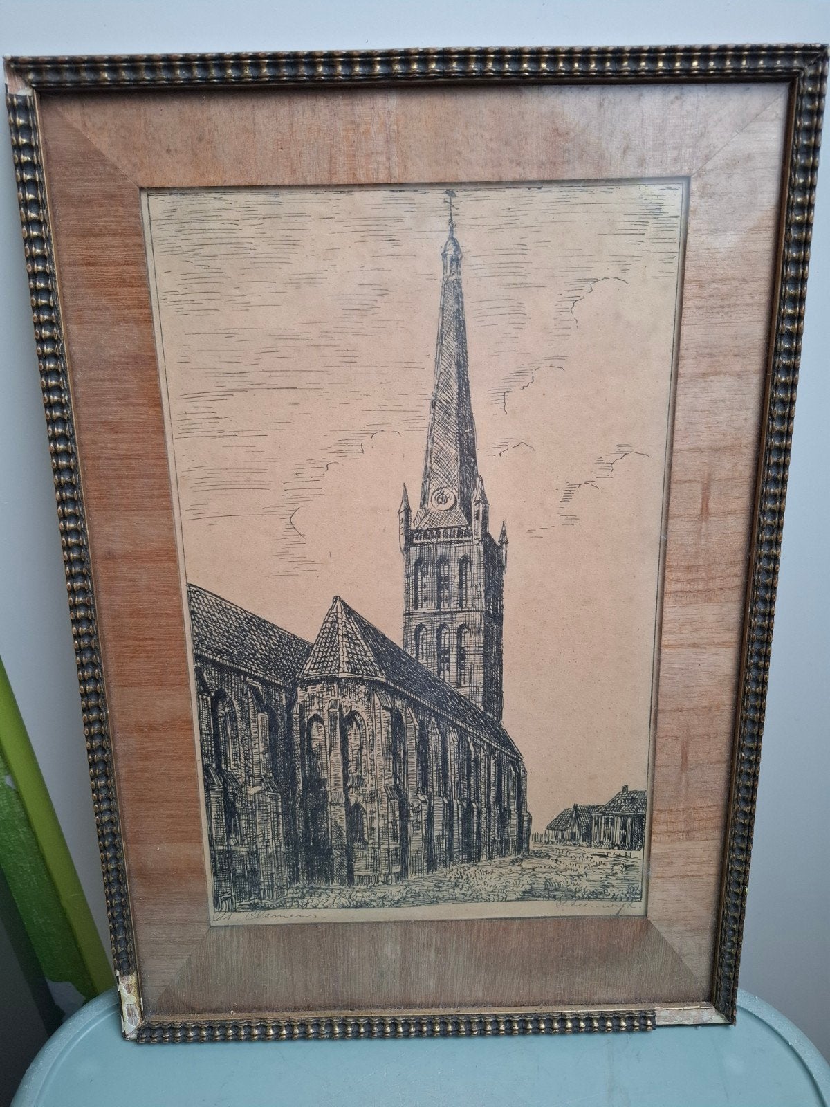 Sint Clemenskerk in Steenwijk.  tekening in lijst, Antiek en Kunst, Ophalen of Verzenden, Tekening, Potloodtekening, Achter glas