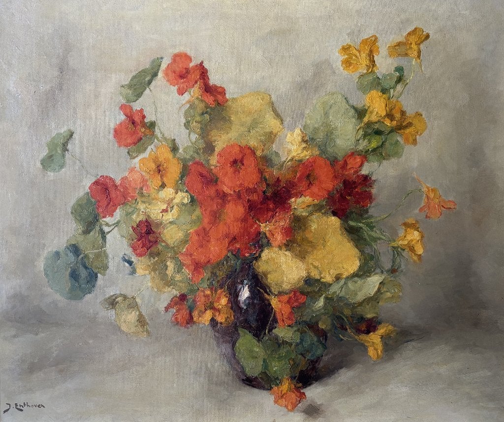 Jo Enthoven (1898-1956) - Oost-Indische kers in vaas, Bloemen, Doek, Ophalen of Verzenden, Olieverf