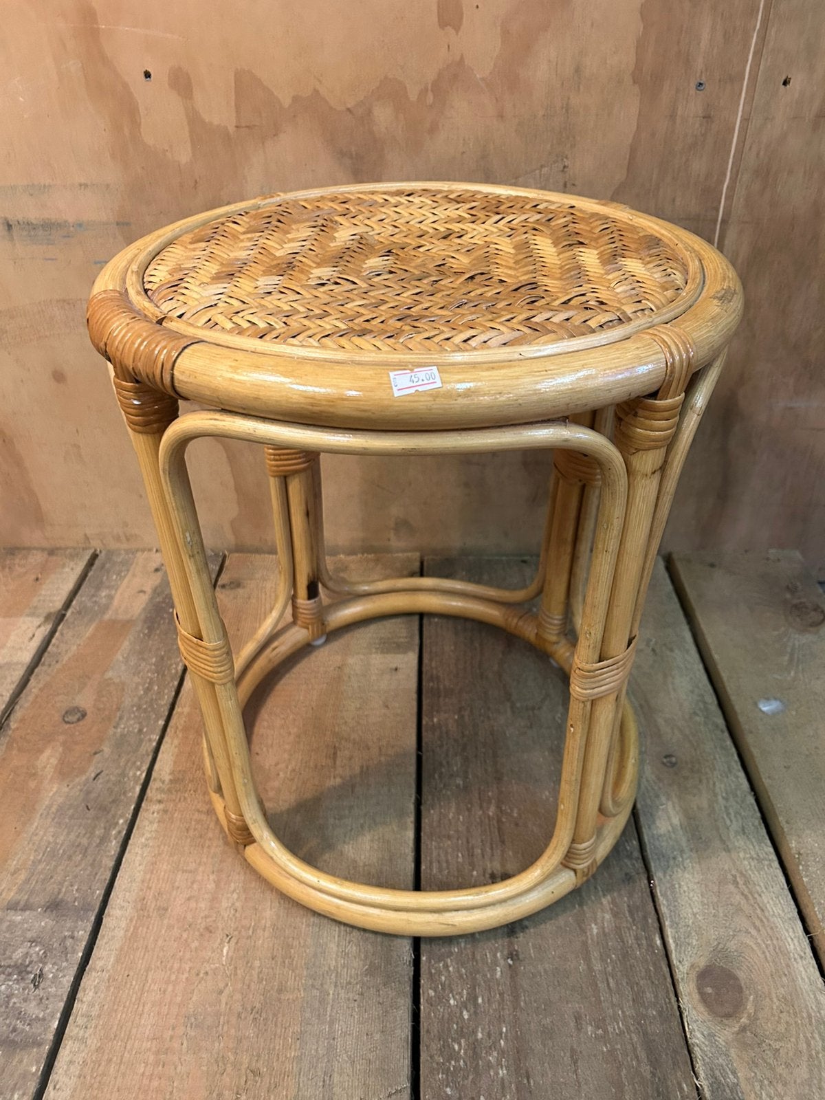 Vintage rotan/ rieten kruk/ platen tafel, jaren 70/80, Ophalen of Verzenden, Huis en Inrichting