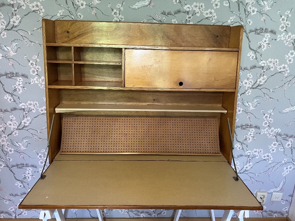 Vintage houten wandburo, Huis en Inrichting, Ophalen, Gebruikt, Minder dan 150 cm, Minder dan 100 cm