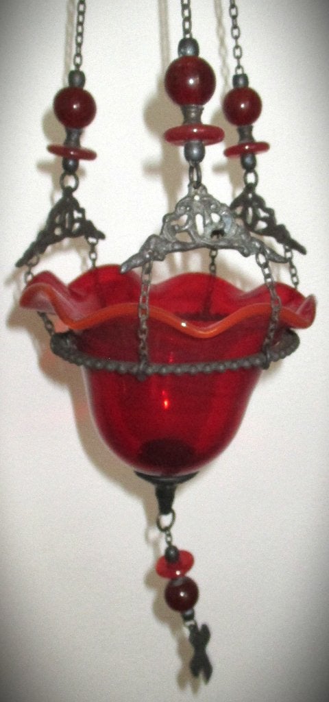 Hangkandelaar~Olielamp~Antieke Glazen Lamp ~houder~ kerk, Ophalen of Verzenden, Glas