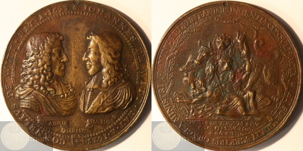 Historiepenning 1672 (later gegoten) Broers de Witt vermoord, Ophalen of Verzenden, Brons, Nederland