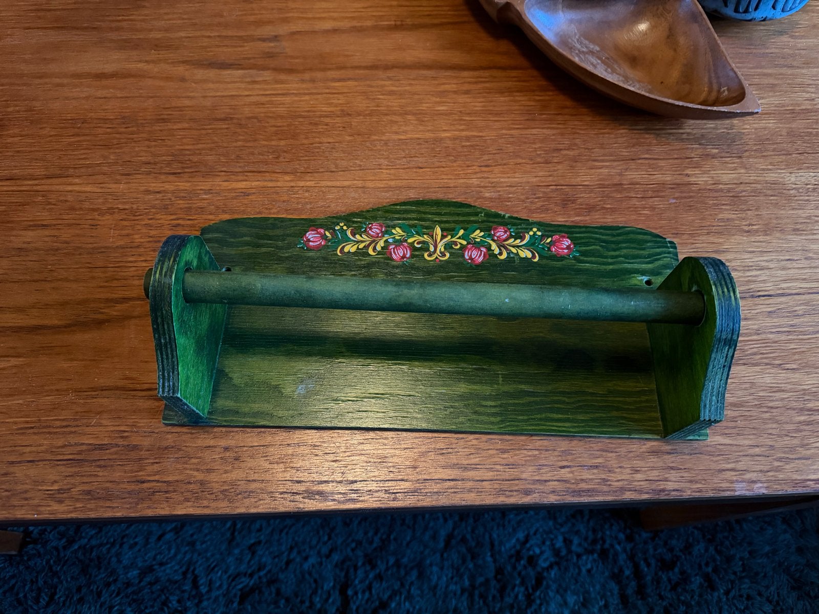 Vintage houten keukenrolhouder groen met bloemen, Ophalen of Verzenden