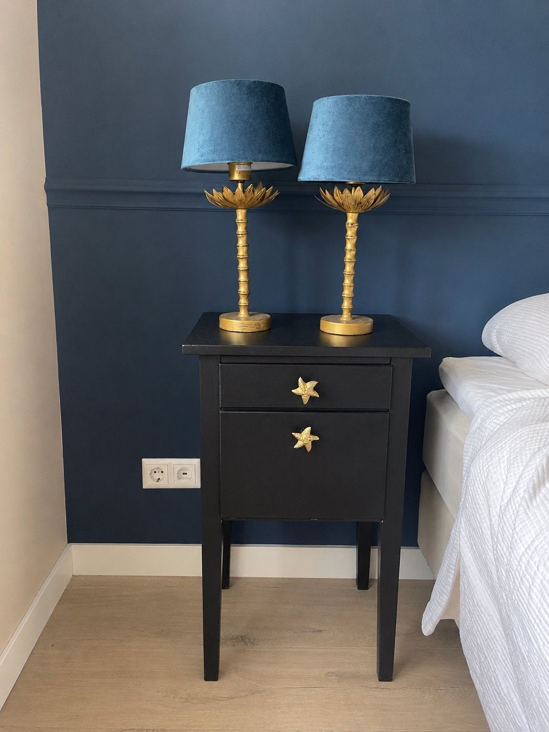 Set van 2 Nachtlampjes met Blauwe Kap en Gouden Voet, Gebruikt, Modern, Ophalen, Metaal