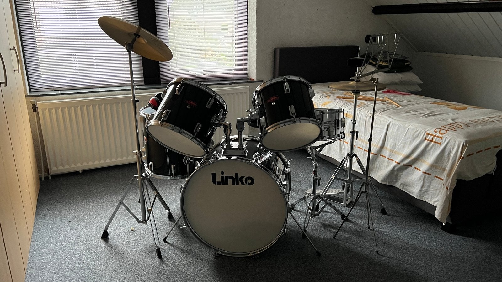Linko drumstel - compleet met bekkens en kruk, Ophalen, Gebruikt, Overige merken