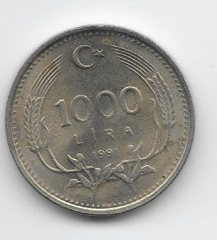 Turkije 1000 lira 1991 KM# 997, Postzegels en Munten, Verzenden, Midden-Oosten, Losse munt