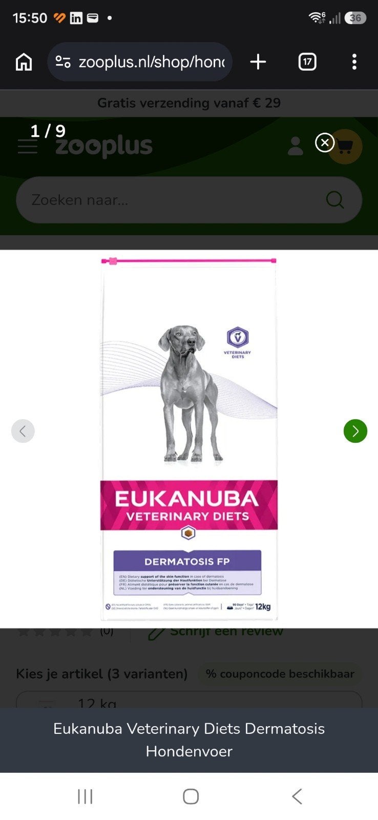 Eukanuba Veterinary Diets Dermatosis Hondenvoer 
12 kg, Ophalen, Hond
