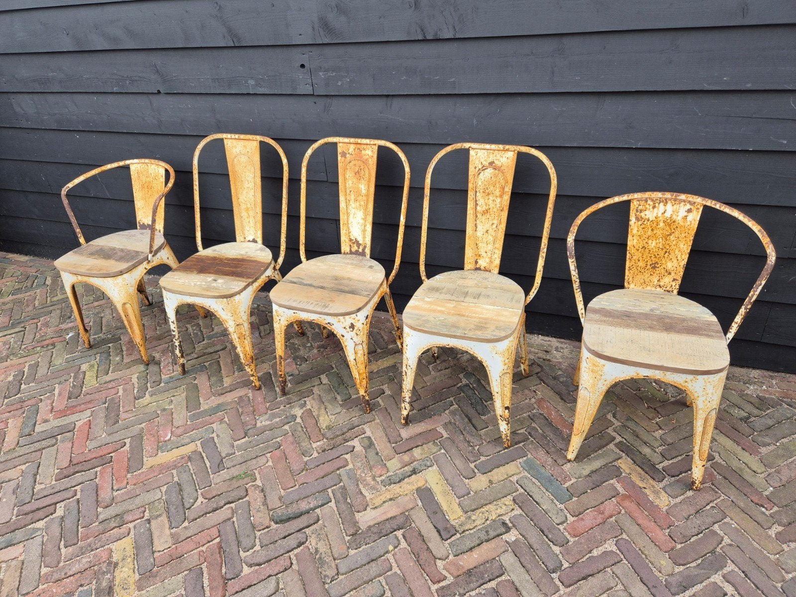 Vintage Tolix stijl terrasstoelen - set van 5, Ophalen, Gebruikt, Metaal, Stapelbaar