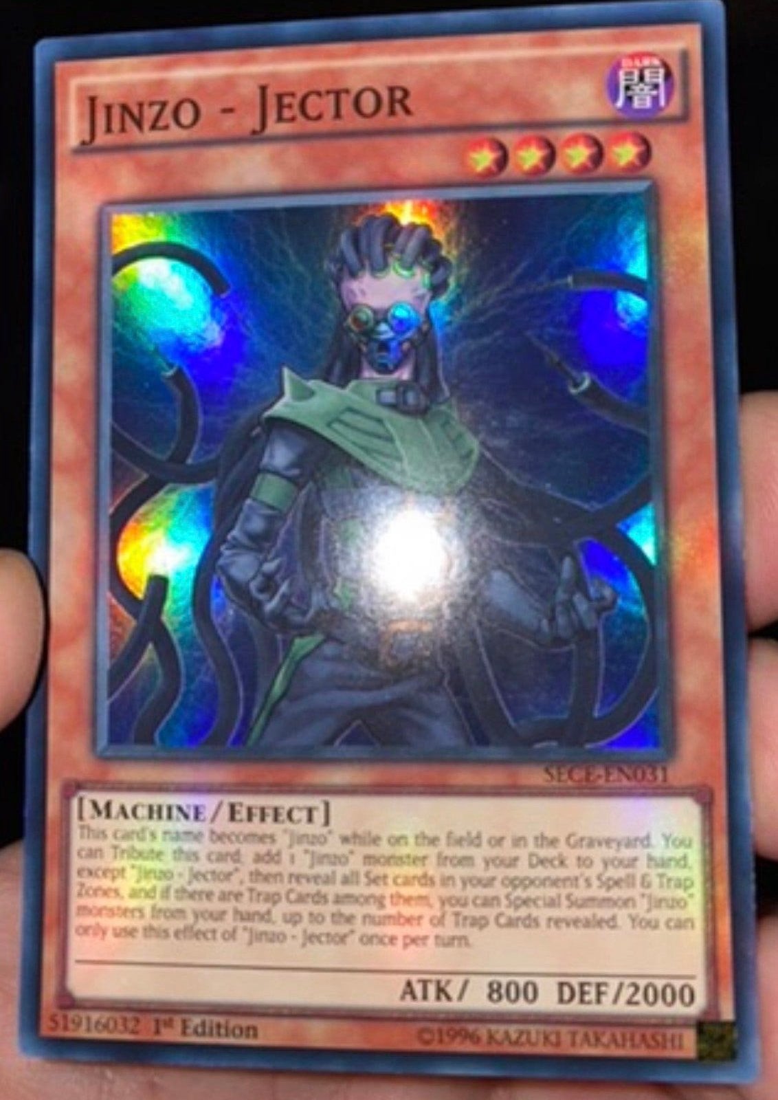 Yu-Gi-Oh! Jinzo - Jector SECE 1st Edition !, Ophalen of Verzenden, Zo goed als nieuw, Losse kaart, Foil