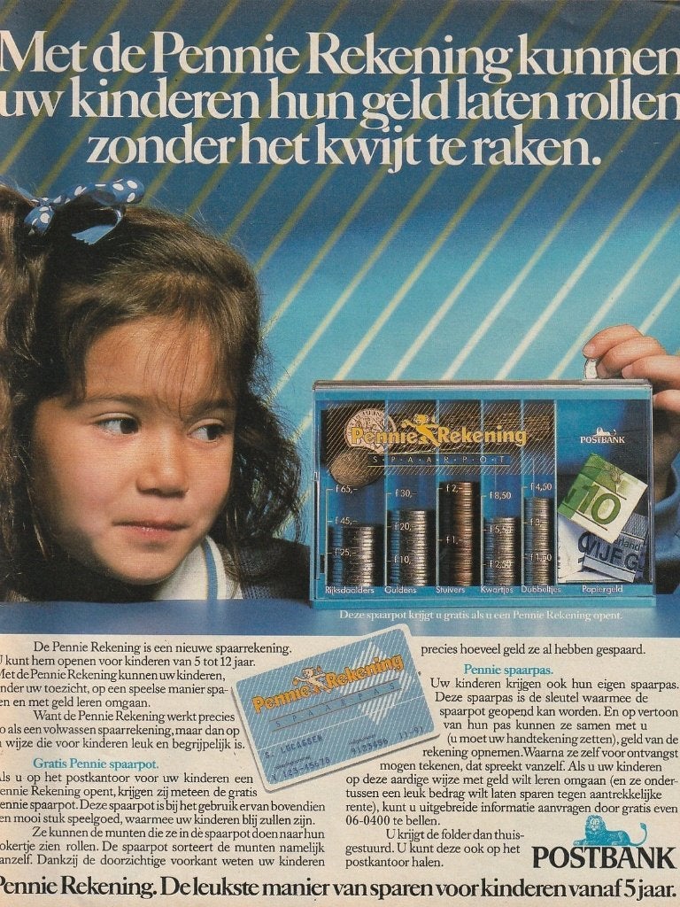 Retro reclame 1989 Postbank Pennie rekening met spaarpot, Verzenden, Overige typen