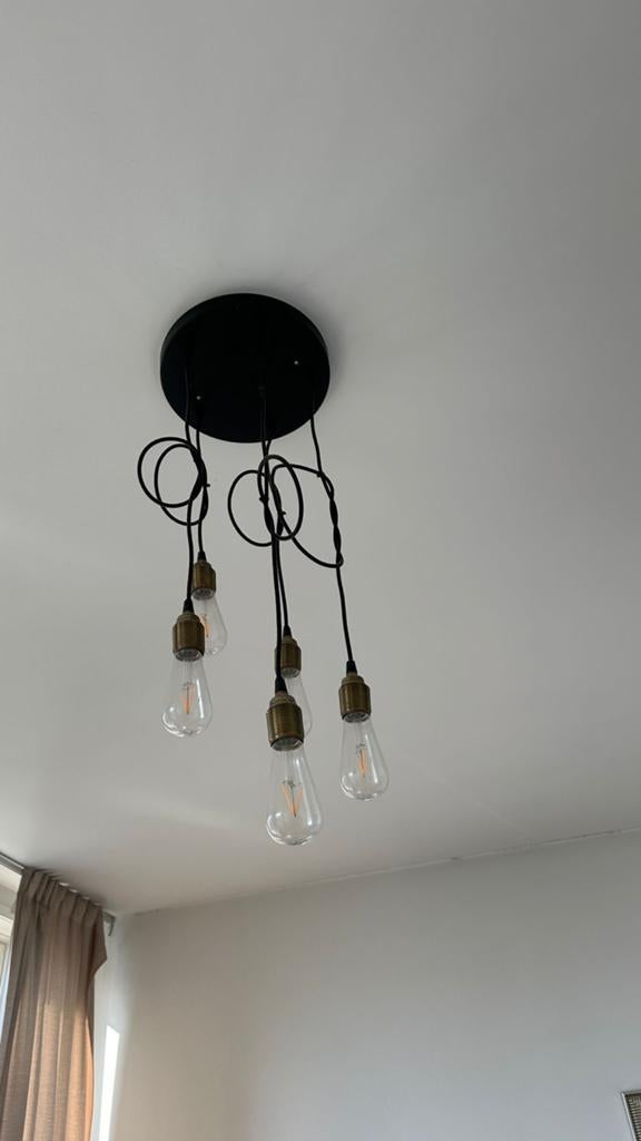Zwarte Hanglamp met 5 Draaiende Edison Lampen, Ophalen of Verzenden, Zo goed als nieuw, Metaal, 75 cm of meer