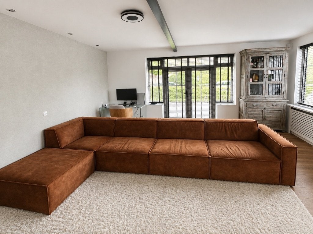 Grote cognac leren hoekbank/loungebank, Ophalen, Gebruikt, Modernen industrieel, Hoekbank