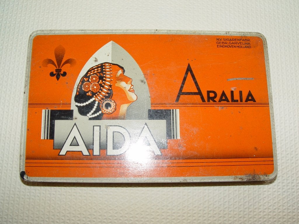 Vintage Originele Aida Aralia sigaren tinnen blik sigaren, Ophalen of Verzenden, Gebruikt, Tabaksdoos of Verpakking