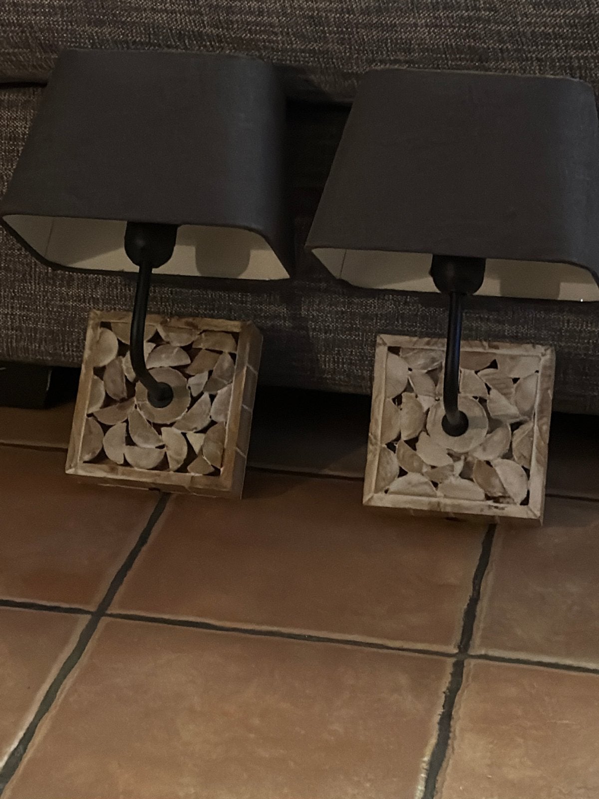 Set van 2 wandlammet houten voet en grijze kap, Huis en Inrichting, Gebruikt, Ophalen of Verzenden, Sfeerlamp, Grijs
