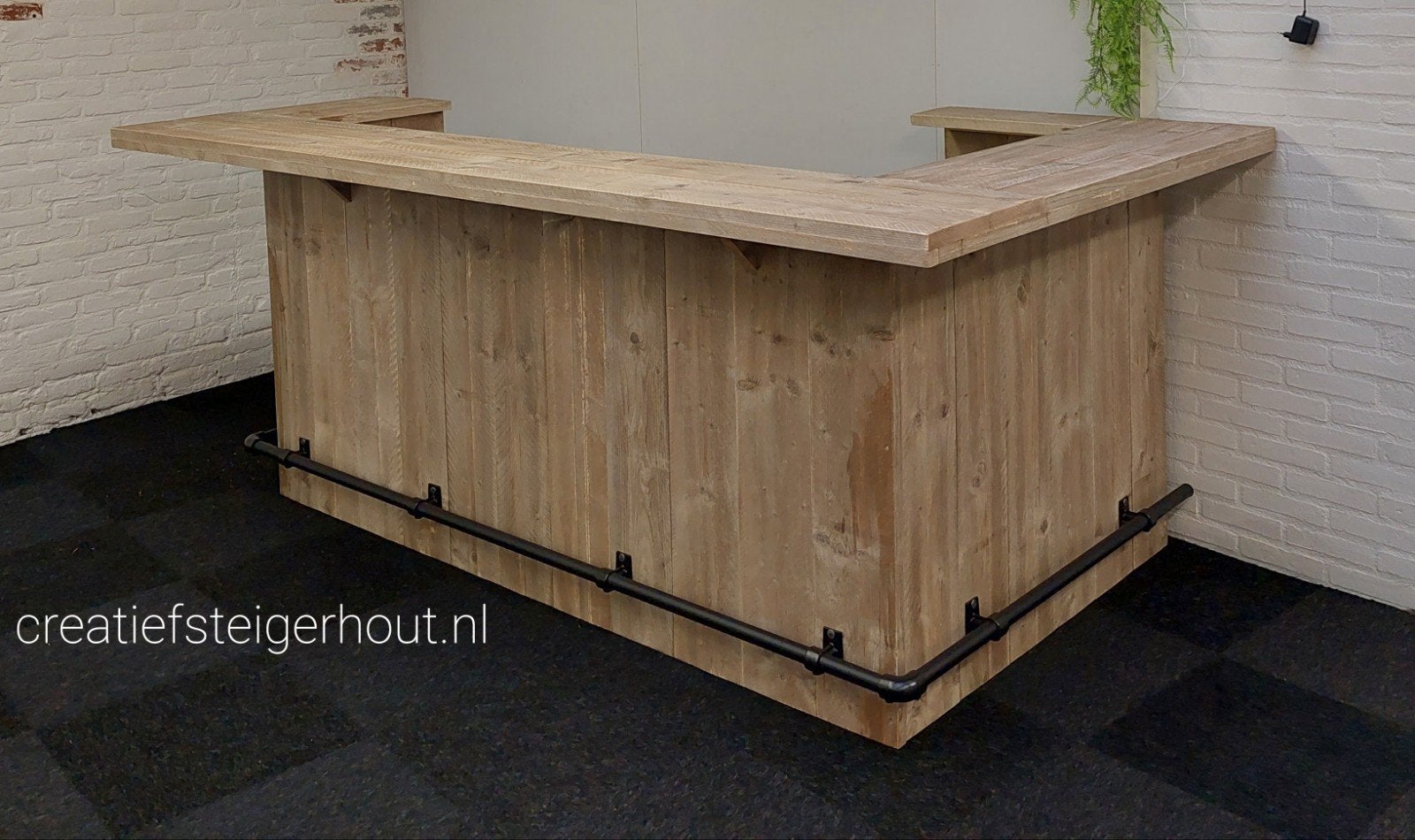 Steigerhouten bar l vorm mancave voetsteun zwart hout kast, Verzenden, Nieuw
