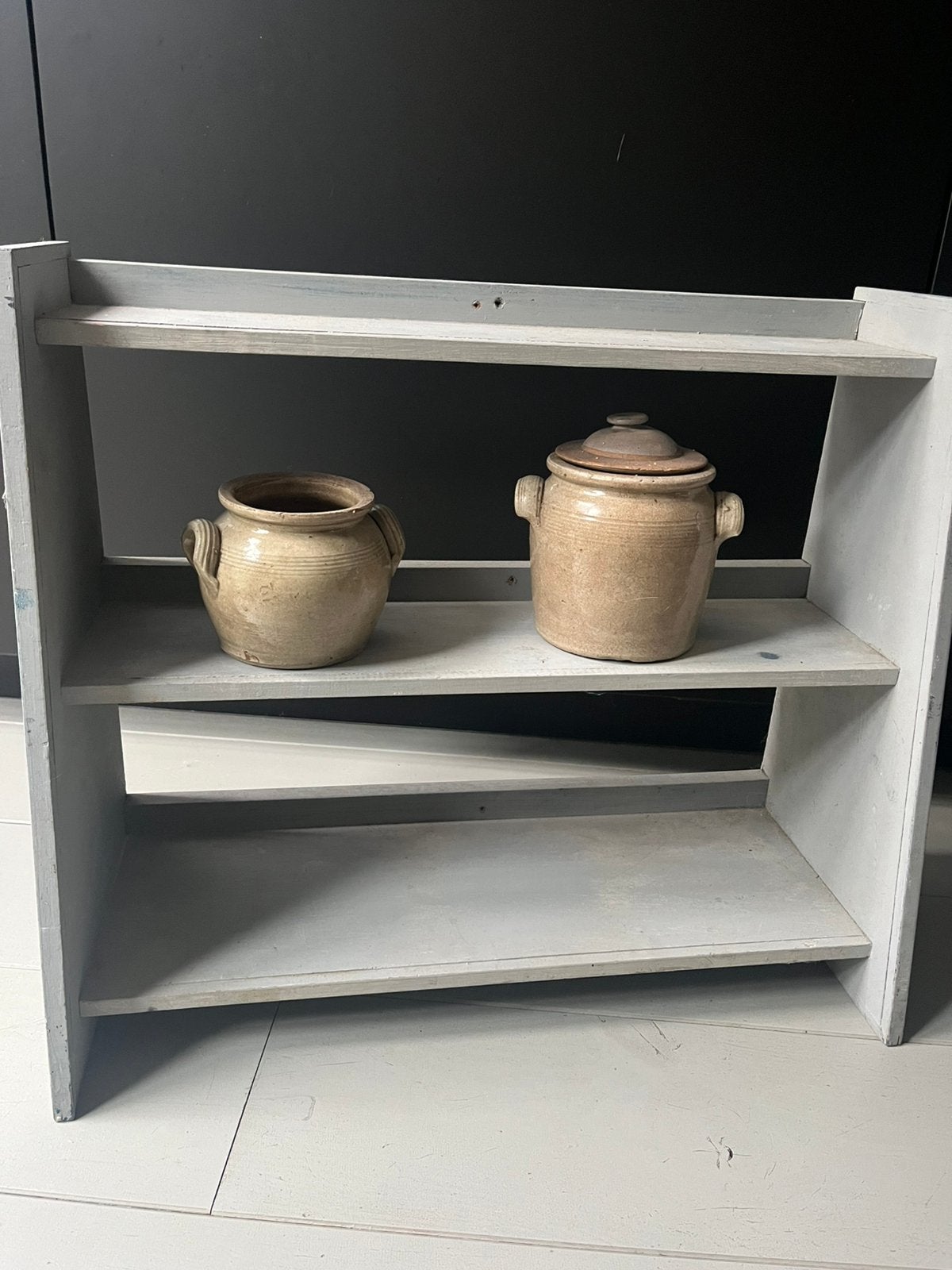 Brocante oud houten uitstalrek grijs . Ophalen!, Ophalen