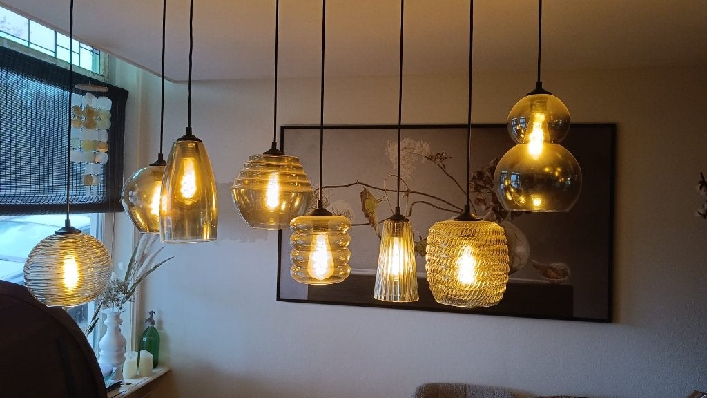 Hanglamp met 8 rook glazen bollen, Ophalen, E27 (groot), Modern, Glas