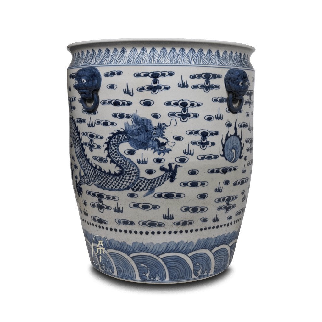 XL Draken Bloempot - Blauw-wit Design - 65 cm, Tuin en Terras, Bloempotten, 40 cm of meer, Nieuw, Ophalen of Verzenden, Aardewerk