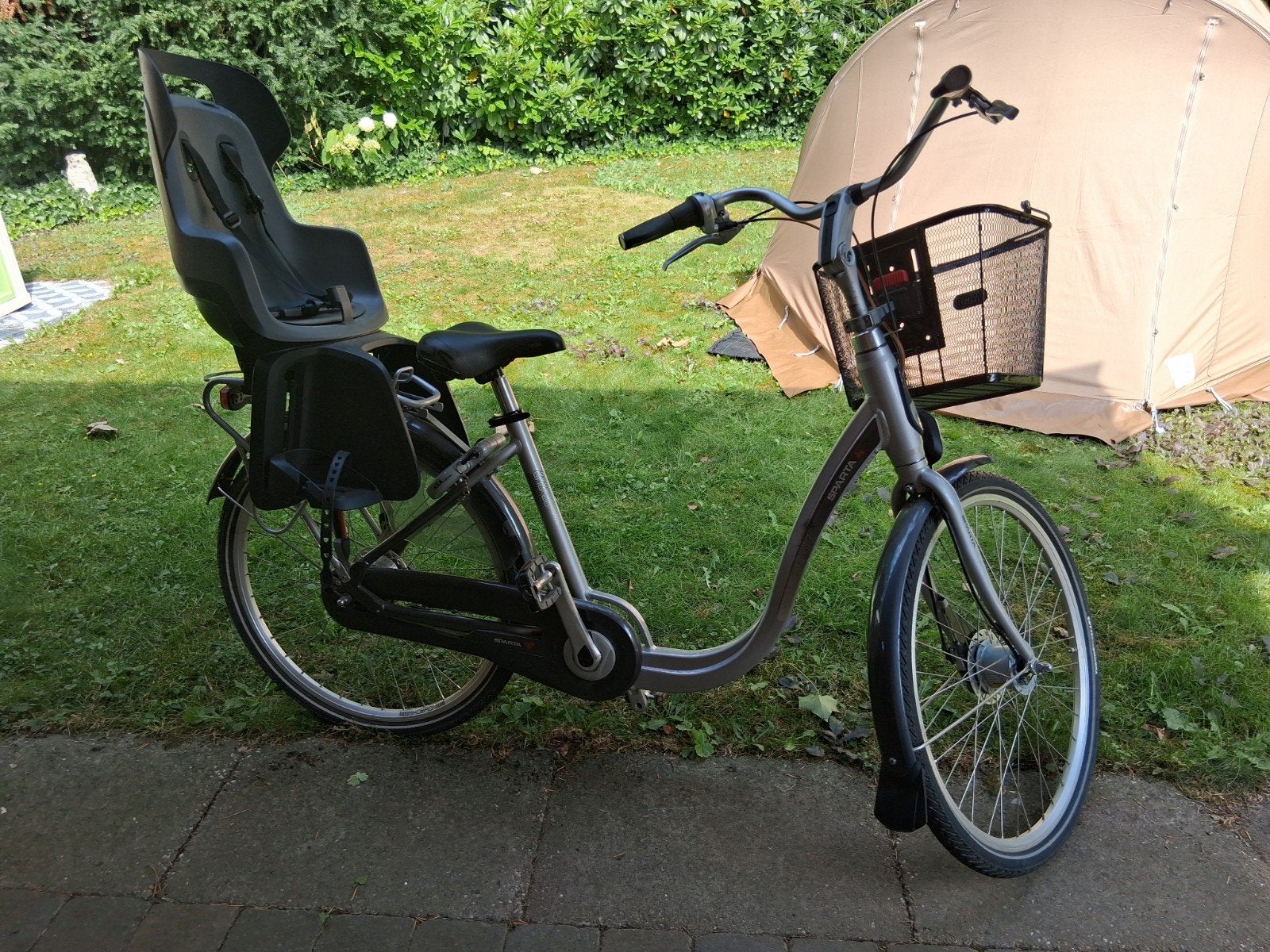 damesfiets lage instap, 44 cm frame + Bobike zitje, zilver., Ophalen, Sparta, Minder dan 47 cm, 1 zitje