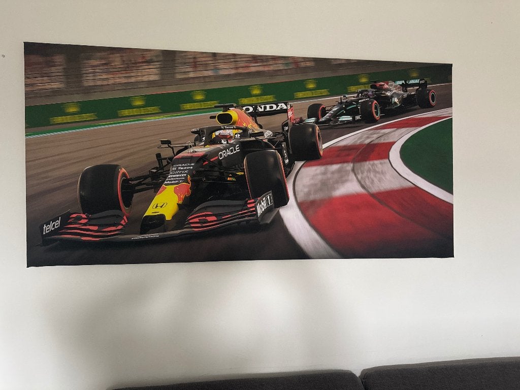 Max Verstappen VS Lewis Hamilton, Ophalen of Verzenden, 125 cm of meer, Schilderij, 50 – 75