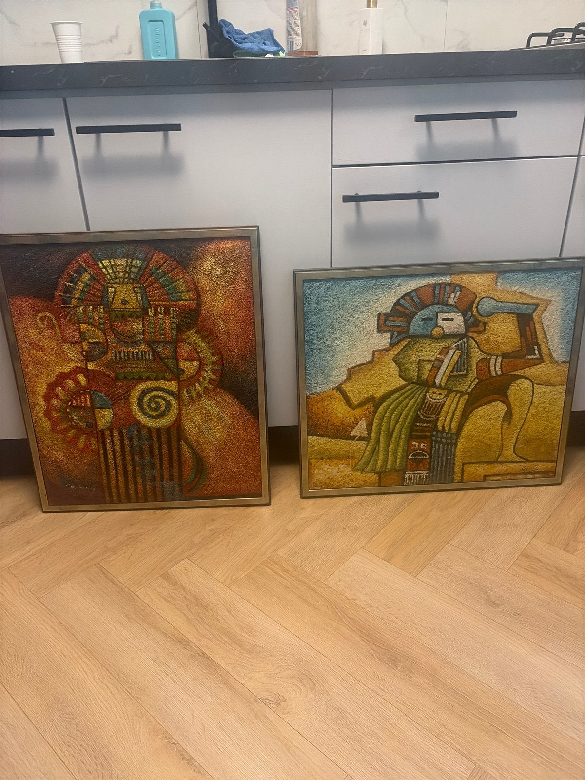 Set van 2 moderne schilderijen met Azteekse figuren, Antiek en Kunst, Ophalen of Verzenden