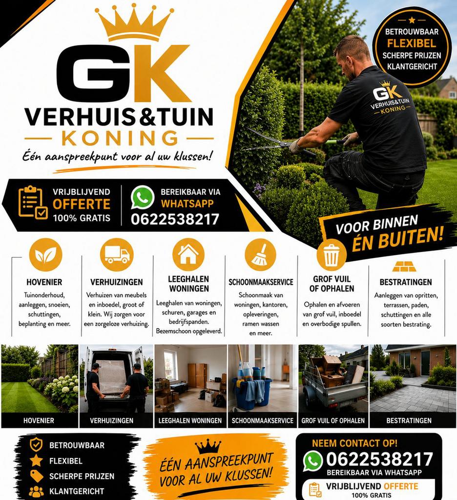 Snel Beschikbaar Voor Tuinonderhoud & Verhuizingen, Diensten en Vakmensen, Tuinmannen en Stratenmakers, Garantie, Tuinontwerp