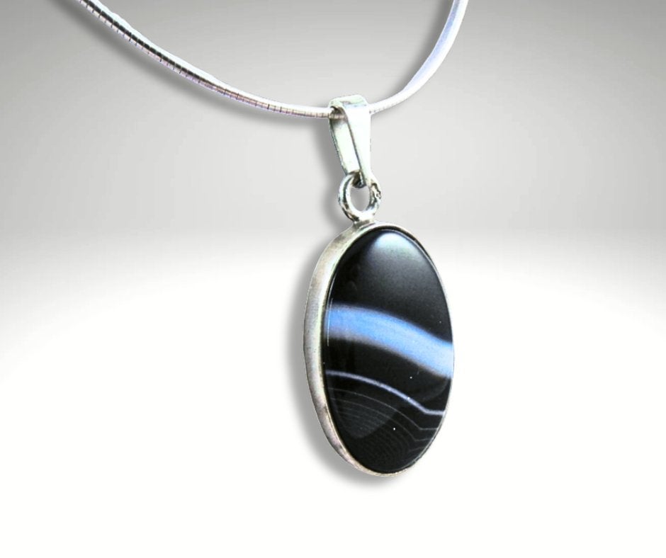 Schitterende 925 zilver zwarte BOTSWANA AGAAT ketting!, Overige kleuren, Verzenden, Zo goed als nieuw, X
